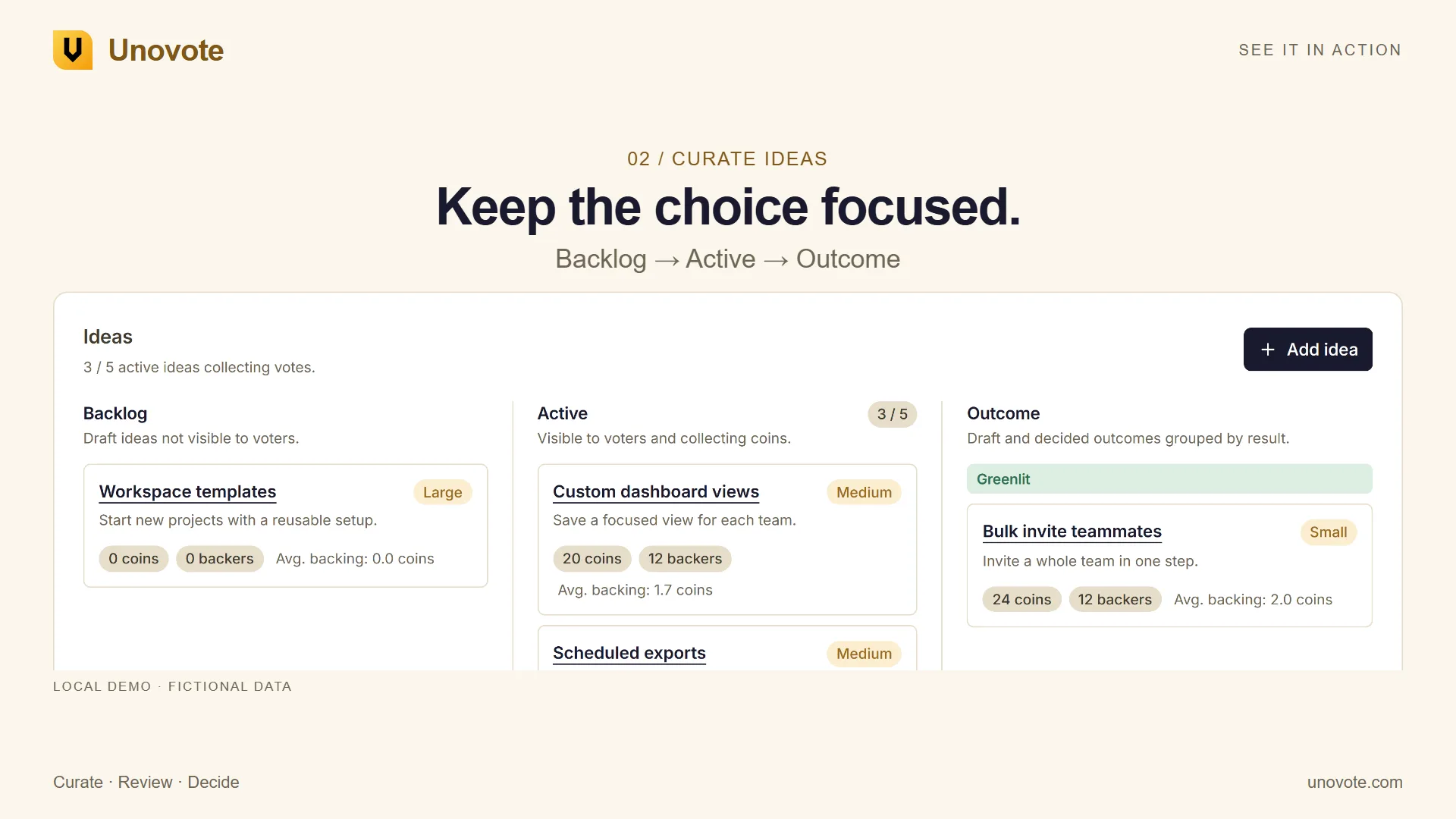 Illustrative Unovote organiser screen showing backlog, active and outcome ideas with fictional board data.